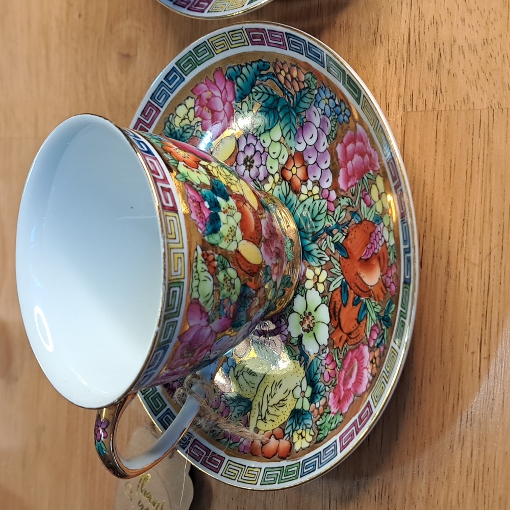 2 sets Vintage Chinoiserie porcelain tea cup/saucer sets , 4 pieces together